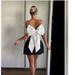One Shoulder Black And White Contrast Waist A Line Design Bowknot Dress_ecoleips.com