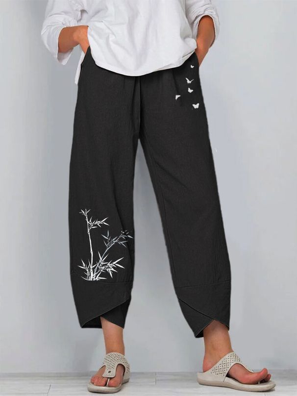 Suitable For All Seasons Summer Casual Loose Cotton Linen Butterfly Print Wide-Leg Pants For Women 3199_ecoleips.com