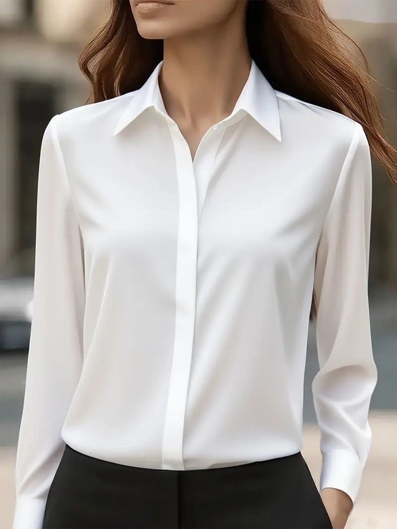 Satin-Finish Long Sleeve Blouse For Women – Elegant Office Shirt With Classic Collar, Versatile Staple For Fall_ecoleips.com