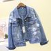 Women's Clothing Denim Short Jacket Loose Spring And Autumn New Heavy Embroidery Three Dimensional Flower Holes Tops_ecoleips.com