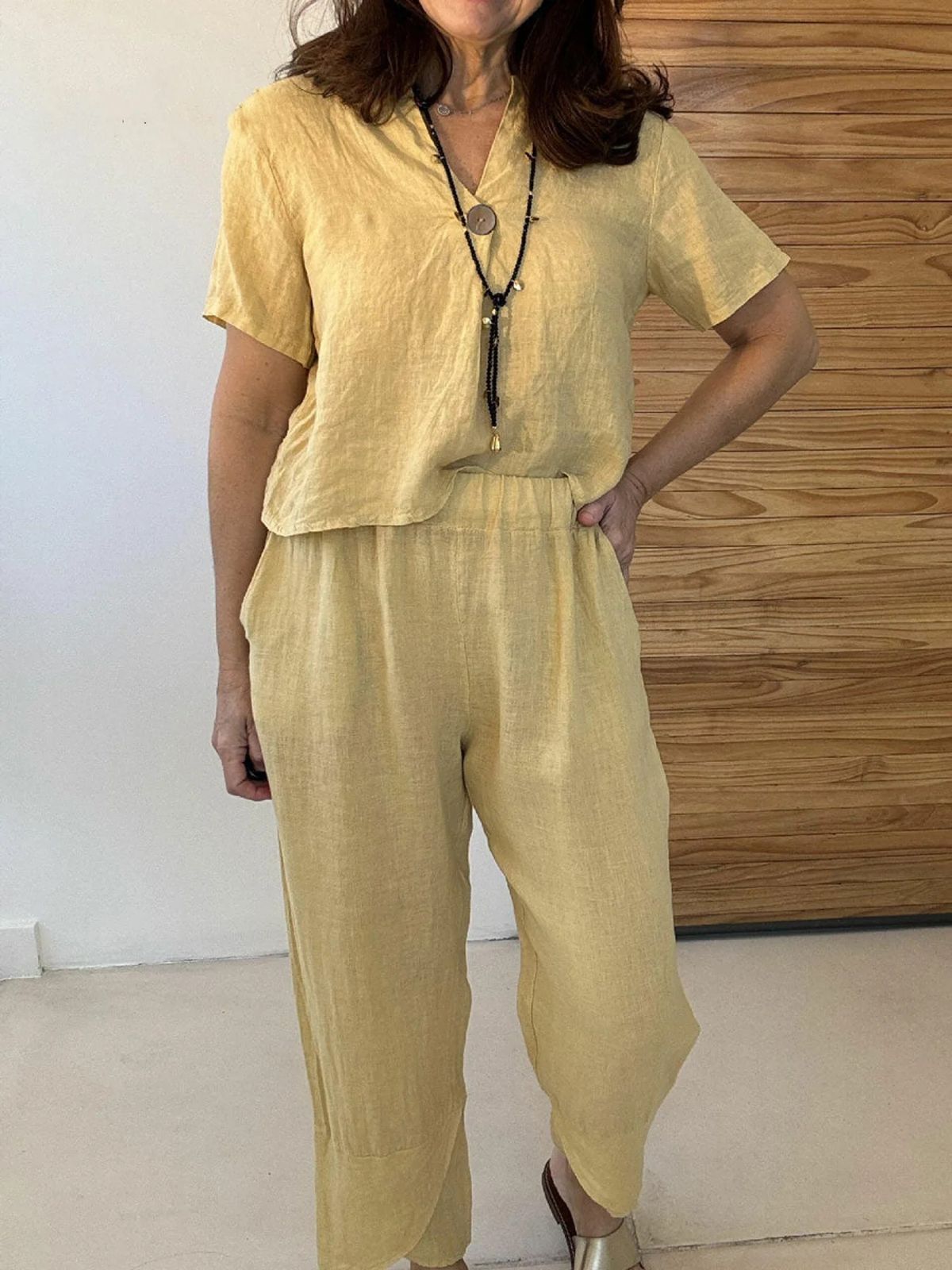 Women's Clothing Summer New Women's Casual Loose Solid Color Short Sleeved Cotton And Linen Pants Set_ecoleips.com