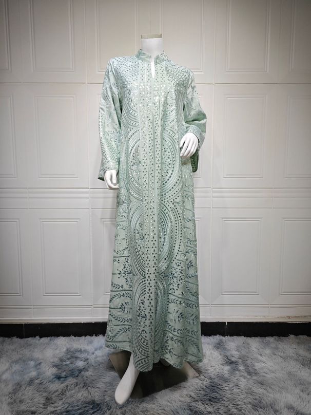 Elegant Middle Eastern Jalabiya Dress With Embroidered Sequins – V-Neck Long Sleeve Maxi Dress For Women | Boho Chic & Modest Fashion_ecoleips.com