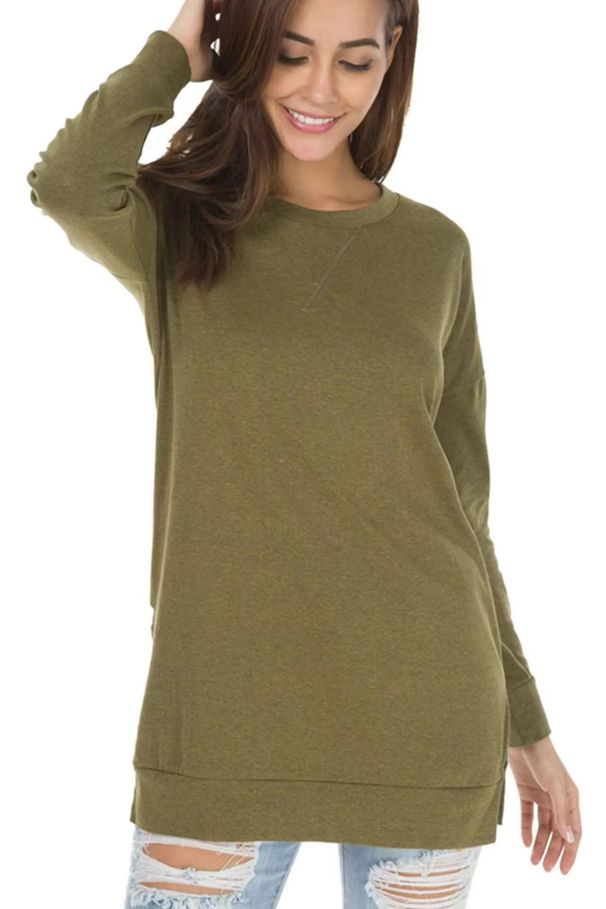 Women's Long Sleeved Knit Sweater Round Neck Slit Design Loose Fitting Elegant Commuter Workwear Apparel_ecoleips.com