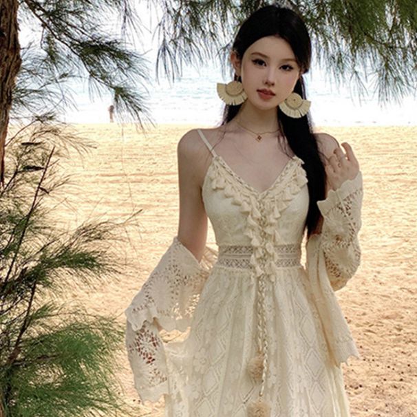 Ethnic Style Bohemian For Women Summer New Plus Size Beach Vacation Strap Long Dress Two-Piece Set_ecoleips.com