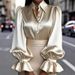 Elegant Women's Satin Shirt Long Sleeved Collared Puff Sleeve Solid Color New Arrival_ecoleips.com