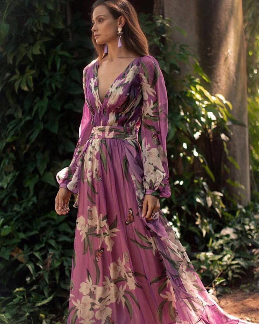 Winter Women's V Neck Long Sleeve Stretch Print Swing Dress European American Style Foreign Trade Large Size_ecoleips.com