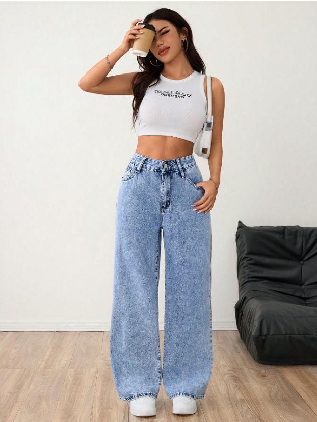 Women's Light Wash High-Waisted Wide-Leg Jeans – Vintage-Inspired Distressed Denim With Unique Pleated Details, Non-Stretch Cotton Blend_ecoleips.com
