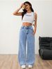 Women's Light Wash High-Waisted Wide-Leg Jeans – Vintage-Inspired Distressed Denim With Unique Pleated Details, Non-Stretch Cotton Blend_ecoleips.com