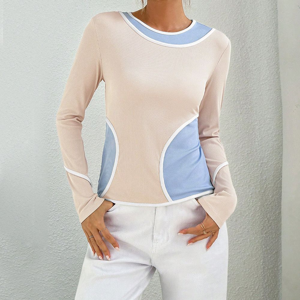 Voya Women's European And American Style Two-piece Long Sleeved Contrasting Base Shirt Knitted Elastic Slim Fit Versatile Top_ecoleips.com