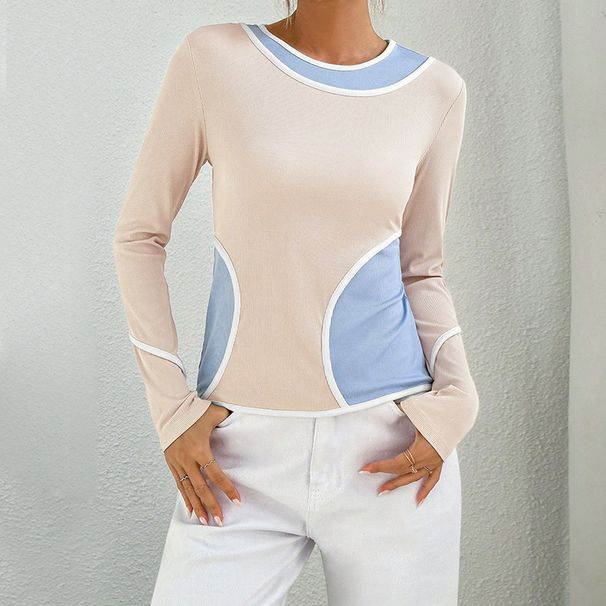 Voya Women's European And American Style Two-piece Long Sleeved Contrasting Base Shirt Knitted Elastic Slim Fit Versatile Top_ecoleips.com