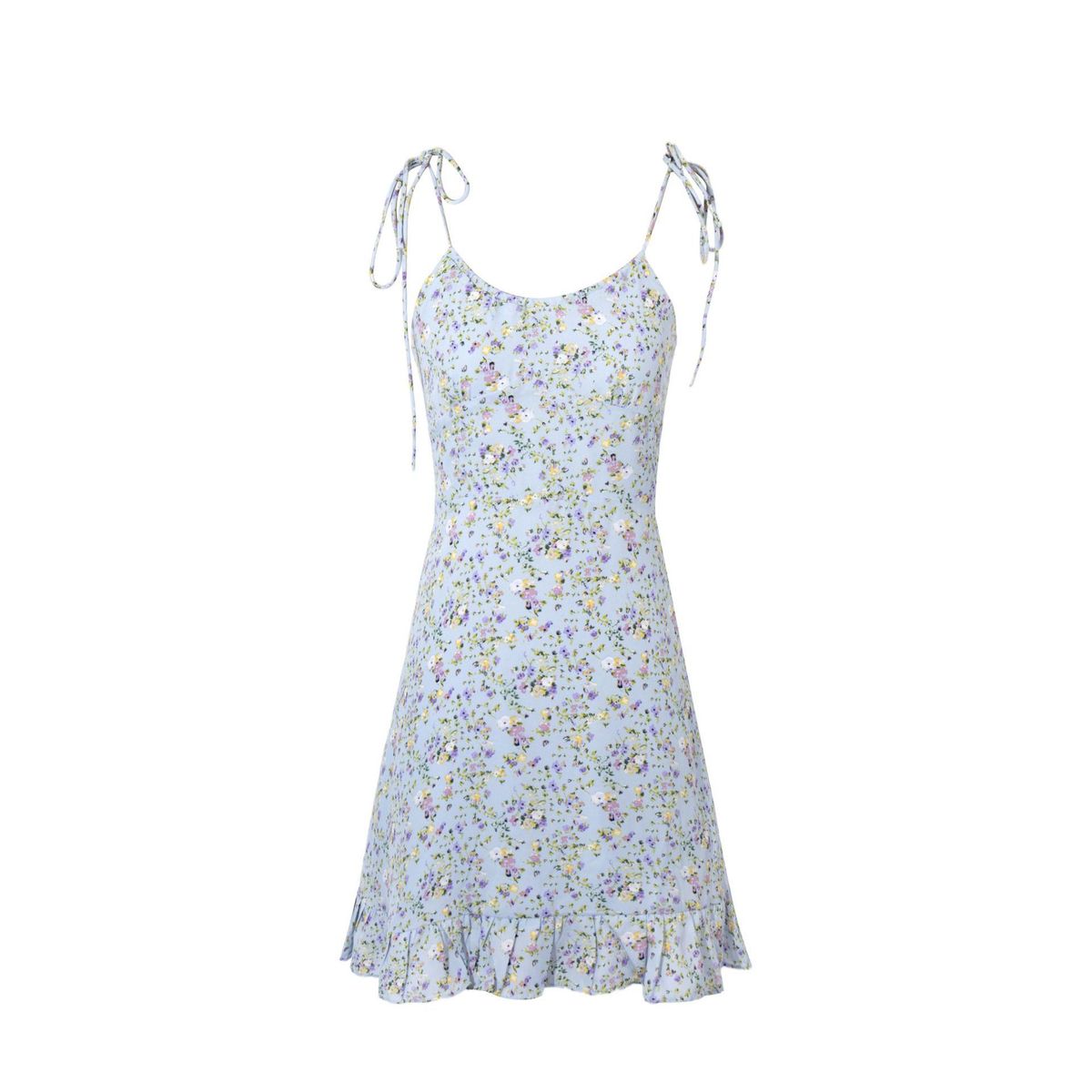 2024 Summer New Women's European And American Style Fresh Blue Floral Lace-Up Strap Dress_ecoleips.com
