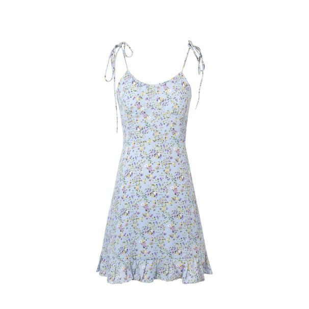 2024 Summer New Women's European And American Style Fresh Blue Floral Lace-Up Strap Dress_ecoleips.com