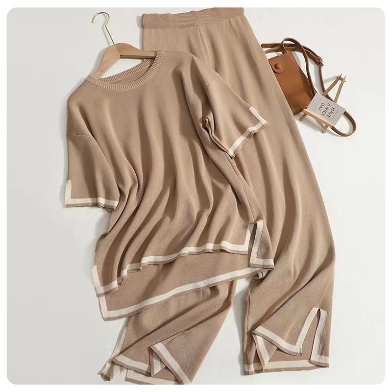 Women's Fashion Two Piece Set Short Sleeved Contrasting Color Slit Sweater High Waist Slim Wide Leg Pants Trousers_ecoleips.com