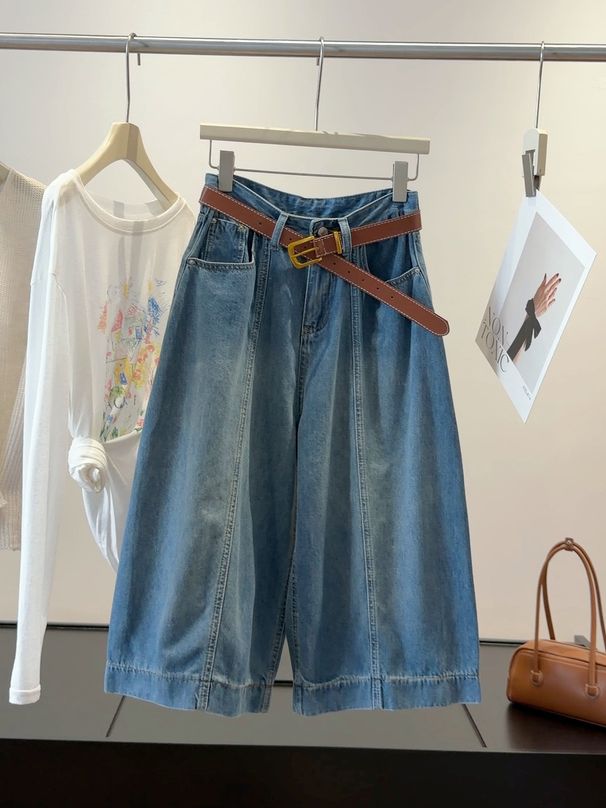 Women's American Retro Blue Denim Jeans High Waisted Slimming Loose Fit Wide Leg Cropped Pants Petite Summer Style Versatile_ecoleips.com