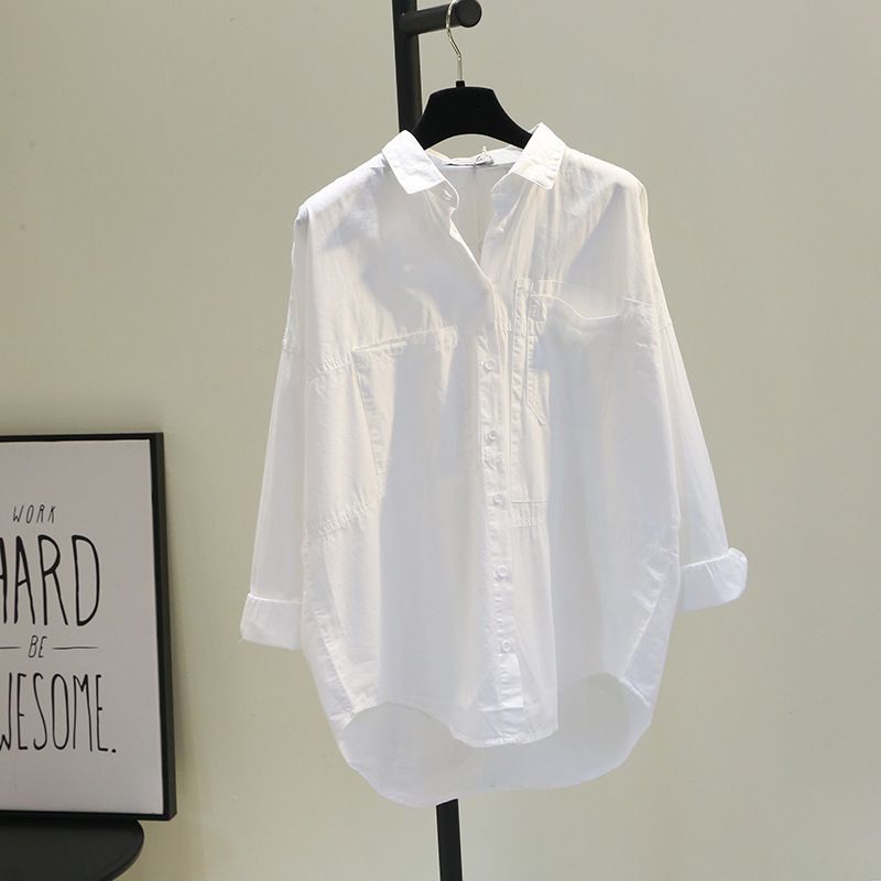 Women's Clothing Double Pockets Short Front And Long Back White Cotton Shirt Autumn Loose Literary Bf Style Casual Shirt_ecoleips.com