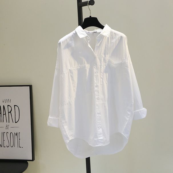 Women's Clothing Double Pockets Short Front And Long Back White Cotton Shirt Autumn Loose Literary Bf Style Casual Shirt_ecoleips.com