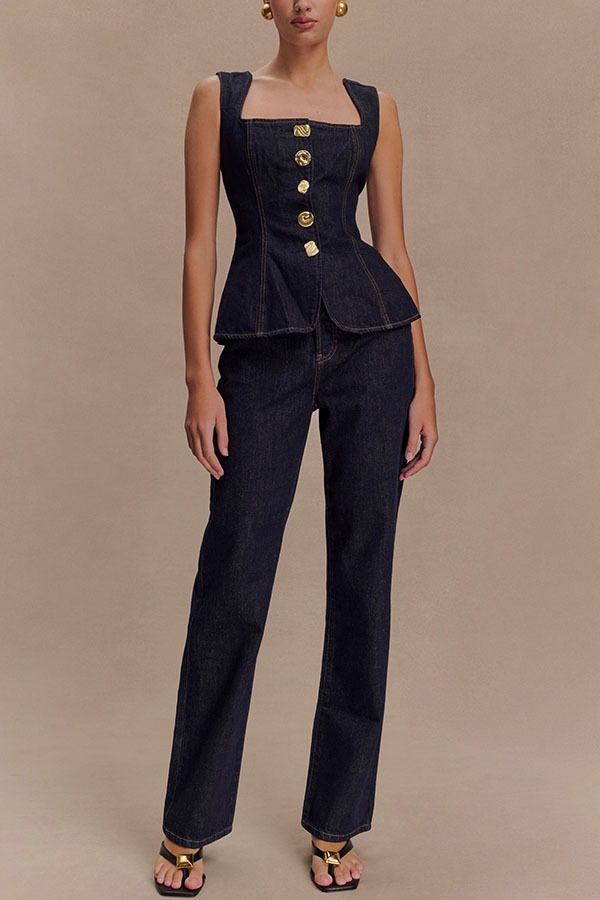 2025 European American Cross-Border Women's Fashion Modern Style Button High-Waist Denim Top And Pants Set 30857_ecoleips.com