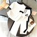 Women's Clothing Black White Color Block Leaf Print T-Shirt And Trouser Set Minimalist Style Women's Clothing For Formal & Casual For Women_ecoleips.com