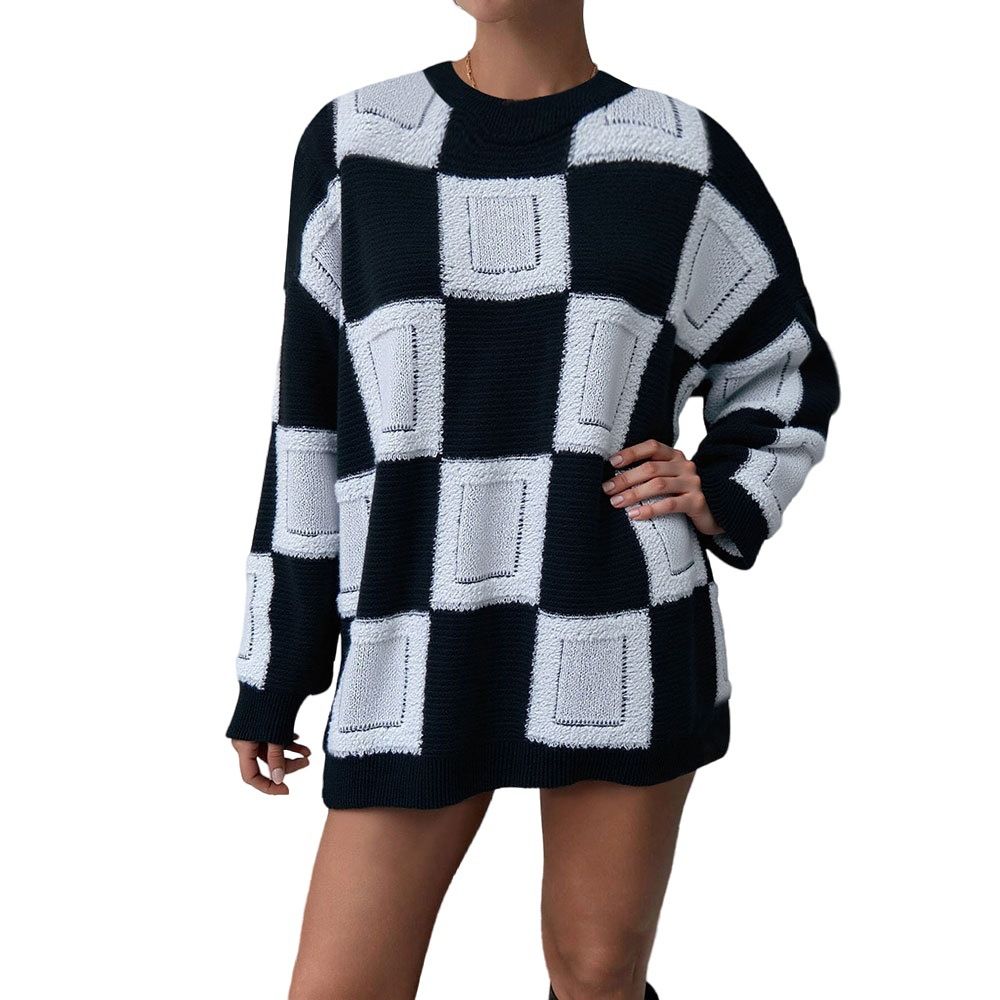 Voya Women's Fashion Street Photography European And American Style Generous Grid Autumn And Winter Thick Loose Slimming Fashion Warm Sweater_ecoleips.com