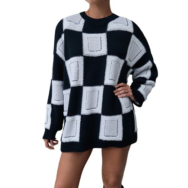 Voya Women's Fashion Street Photography European And American Style Generous Grid Autumn And Winter Thick Loose Slimming Fashion Warm Sweater_ecoleips.com