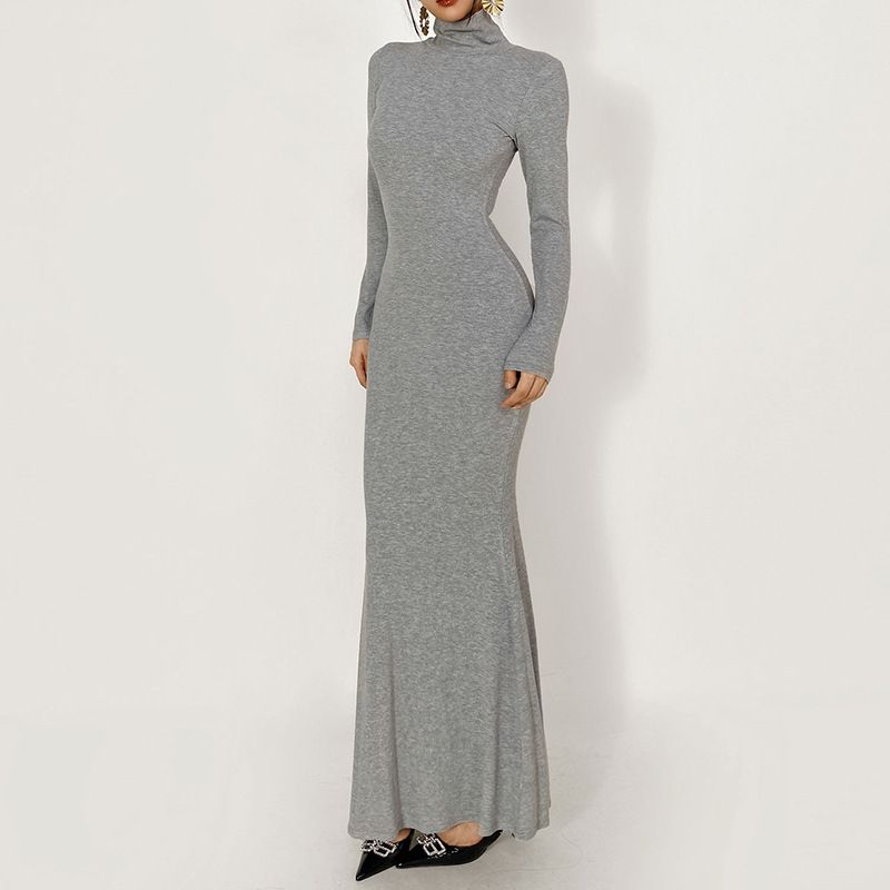 Women's Black Lotus Patterned Fishtail Dress Fur Lined High Neck Slim Fit Bodycon Design for Autumn Winter_ecoleips.com