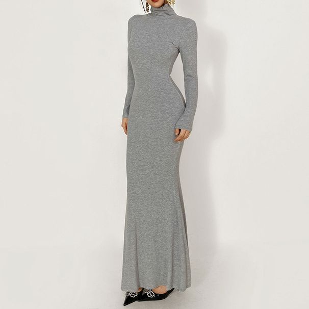 Women's Black Lotus Patterned Fishtail Dress Fur Lined High Neck Slim Fit Bodycon Design for Autumn Winter_ecoleips.com