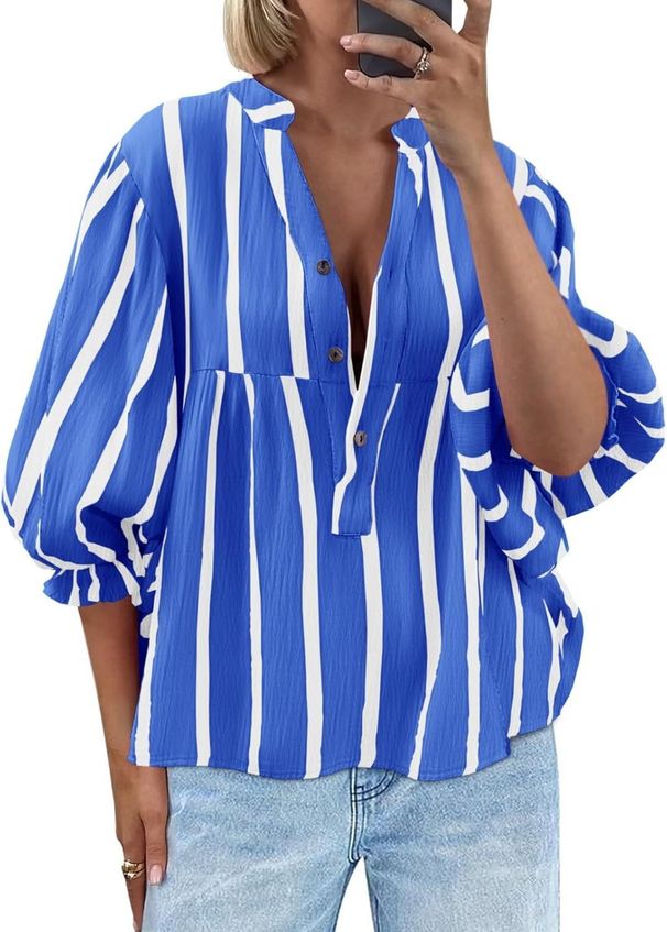 Women's Striped Shirt Puff Sleeve Loose Top Summer Autumn Fashion Bestseller_ecoleips.com