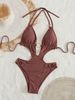 Women's Chocolate Brown Halter One-Piece Swimsuit Cutout Design Metal Ring Decor High Cut Bathing Suit For Beach Vacation_ecoleips.com