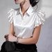 Women's Clothing Summer Satin Ruffle Short Sleeve Shirt Blouse Solid Color For Women For Formal & Casual For Women_ecoleips.com