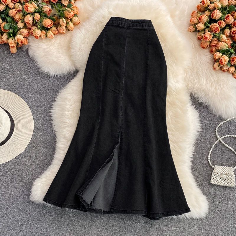 Women's Slim Fit Fishtail Denim Skirt – High Waist Bodycon Midi Skirt With Elastic Waist & Side Slit, Ruffled Hem For Casual & Night Out_ecoleips.com
