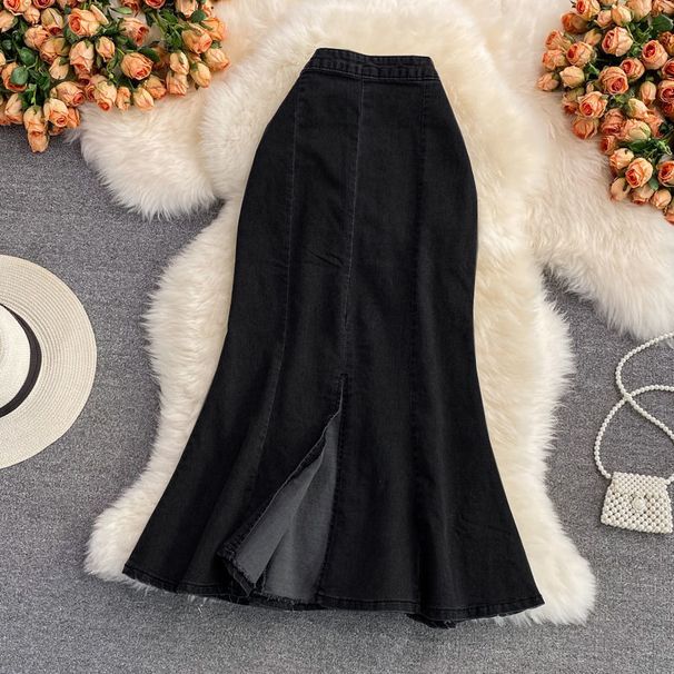 Women's Slim Fit Fishtail Denim Skirt – High Waist Bodycon Midi Skirt With Elastic Waist & Side Slit, Ruffled Hem For Casual & Night Out_ecoleips.com