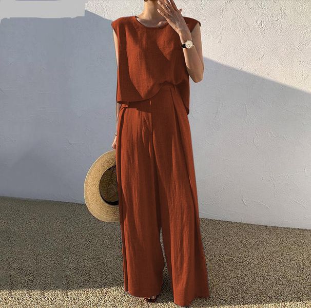 Women's Linen Sleeveless Top & Wide-Leg Pants Set – Breathable Summer Outfit (Black, Beige, Navy & More)_ecoleips.com