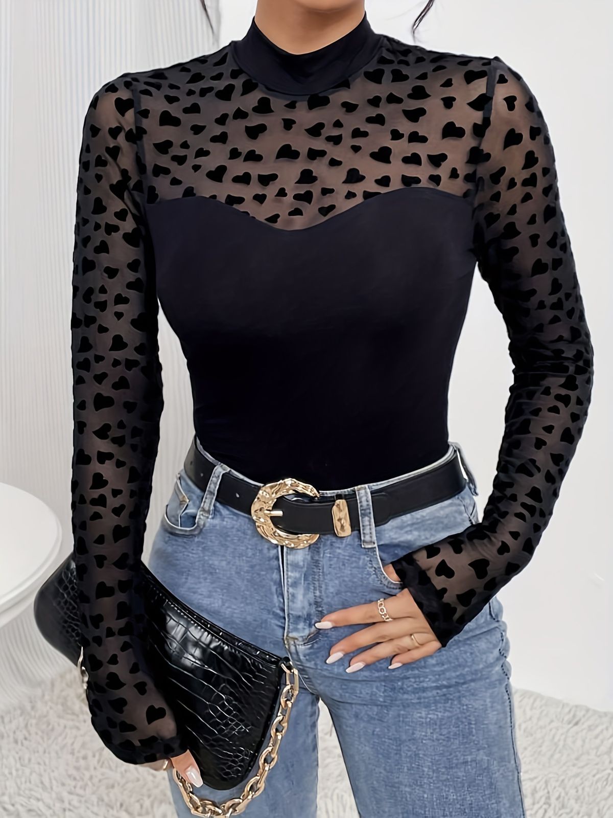 Women's Mesh Panel Long Sleeve Slim Fit T-Shirt - Breathable Stretch Fabric, Round Neck, Elegant Casual Top For Work & Daily Wear (Black, S-Xxl)_ecoleips.com