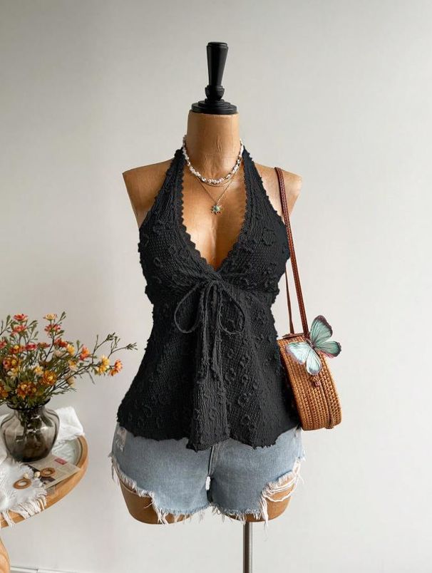 Women's Clothing Women's Black Bohemian Style Backless Camisole Top Casual Vacation Wear Summer Fashion For Formal & Casual_ecoleips.com