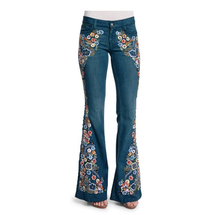 Women's Clothing Jeans Embroidered Slim Fit Washed Bell Bottom Pants _ecoleips.com