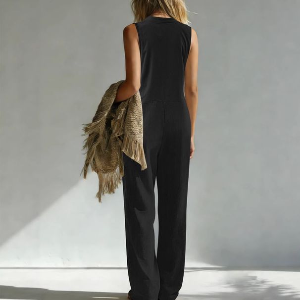 Plus Size Sleeveless Wide-Leg Jumpsuit For Women | Flowy Tapered Jumpsuit With Pockets, Lightweight Knit Fabric For Casual And Travel Wear_ecoleips.com