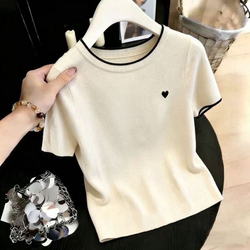 Women's Petite Round Neck T-Shirt Embroidered Heart Short Sleeve Knitted Inner Layer Top For Summer Real Shot_ecoleips.com