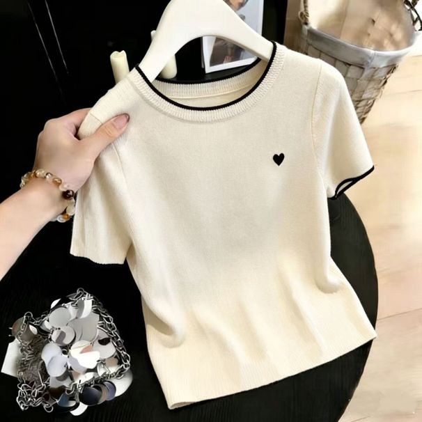 Women's Petite Round Neck T-Shirt Embroidered Heart Short Sleeve Knitted Inner Layer Top For Summer Real Shot_ecoleips.com