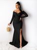 K Women's Sexy Dress, Party Dress, V-neck, Formal Gown, Solid Color, Wide Slit, Long Dress, Long Sleeves_ecoleips.com