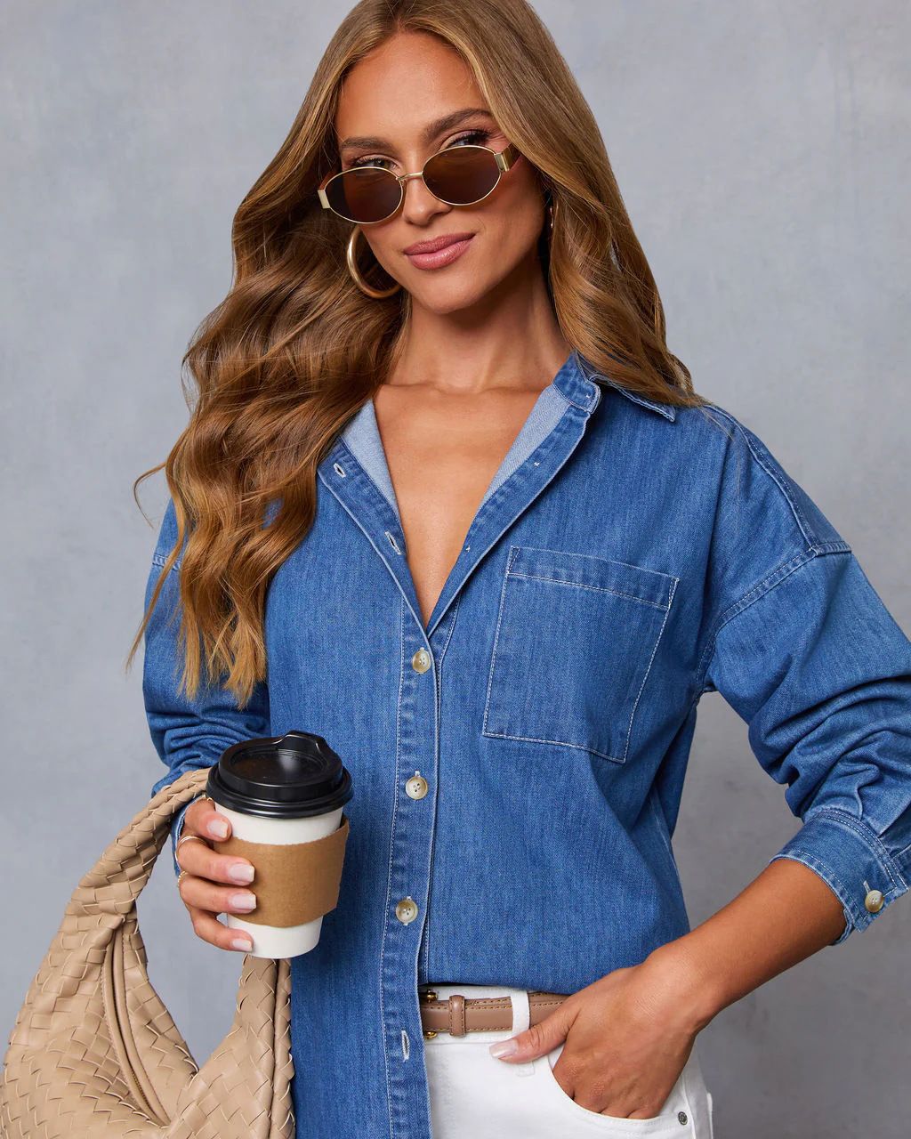 Women's Distressed Denim Shirt – Oversized Long-Sleeve Button-Up With Vintage Wash (S-XL, Blue)_ecoleips.com