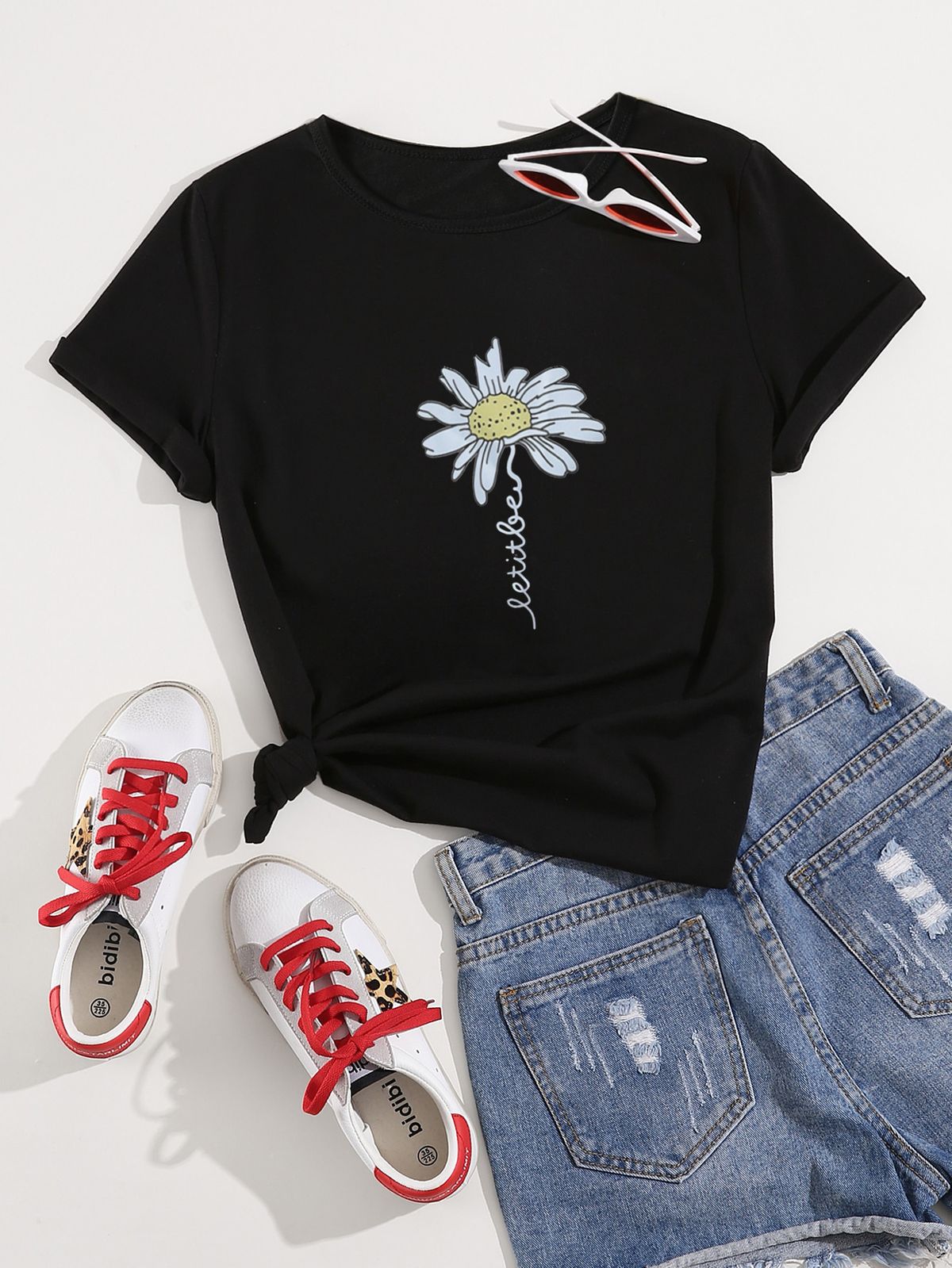 Women's Casual Black T-Shirt round Neck Short Sleeve Daisy Print Cotton Polyester Top Fast Fashion European American Style_ecoleips.com