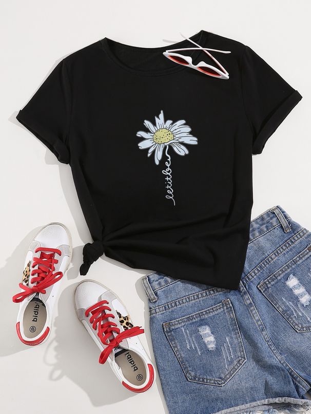 Women's Casual Black T-Shirt round Neck Short Sleeve Daisy Print Cotton Polyester Top Fast Fashion European American Style_ecoleips.com