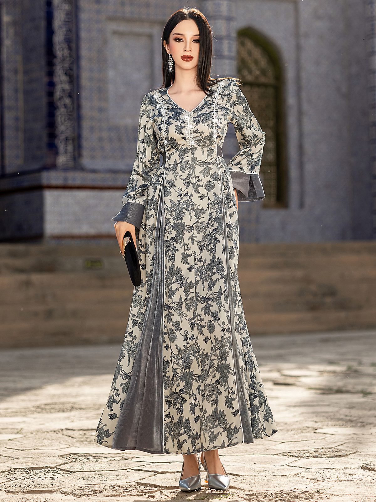 Women's Clothing V Neck Satin Jacquard Muslin Dress Handmade Beaded Elegant Long Sleeve Dress_ecoleips.com