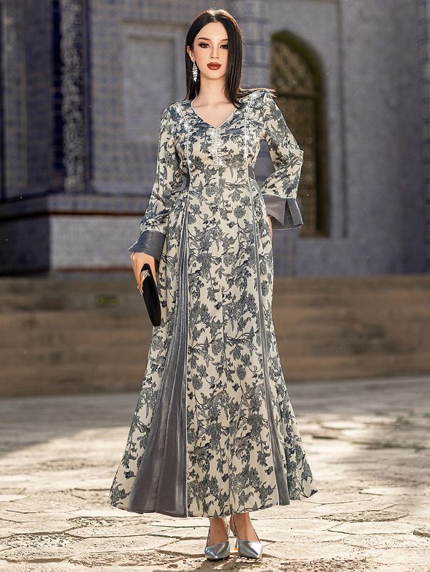 Women's Clothing V Neck Satin Jacquard Muslin Dress Handmade Beaded Elegant Long Sleeve Dress_ecoleips.com