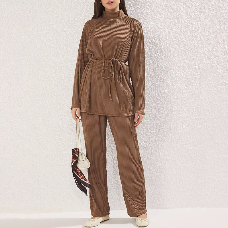 Autumn-Women's Relaxed Tie-Neck Knit Set – High-Neck Top & Wide-Leg Pants_ecoleips.com