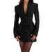 Women's Front Button Detail V-Neck Pocket Long Sleeve Mini Dress Blazer_ecoleips.com