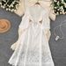 Elegant Women's Slimming Evening Dress High-End Heavy Duty Hollowed Out Crochet Flower Waist Cinching Lantern Sleeves New Style 2025_ecoleips.com