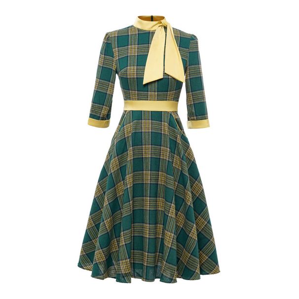 Autumn/Winter Grid-Print High-Collared Green Dress With Seven-Quarter Sleeves, Ribbon-Strapped And Butterfly-Button Deta_ecoleips.com