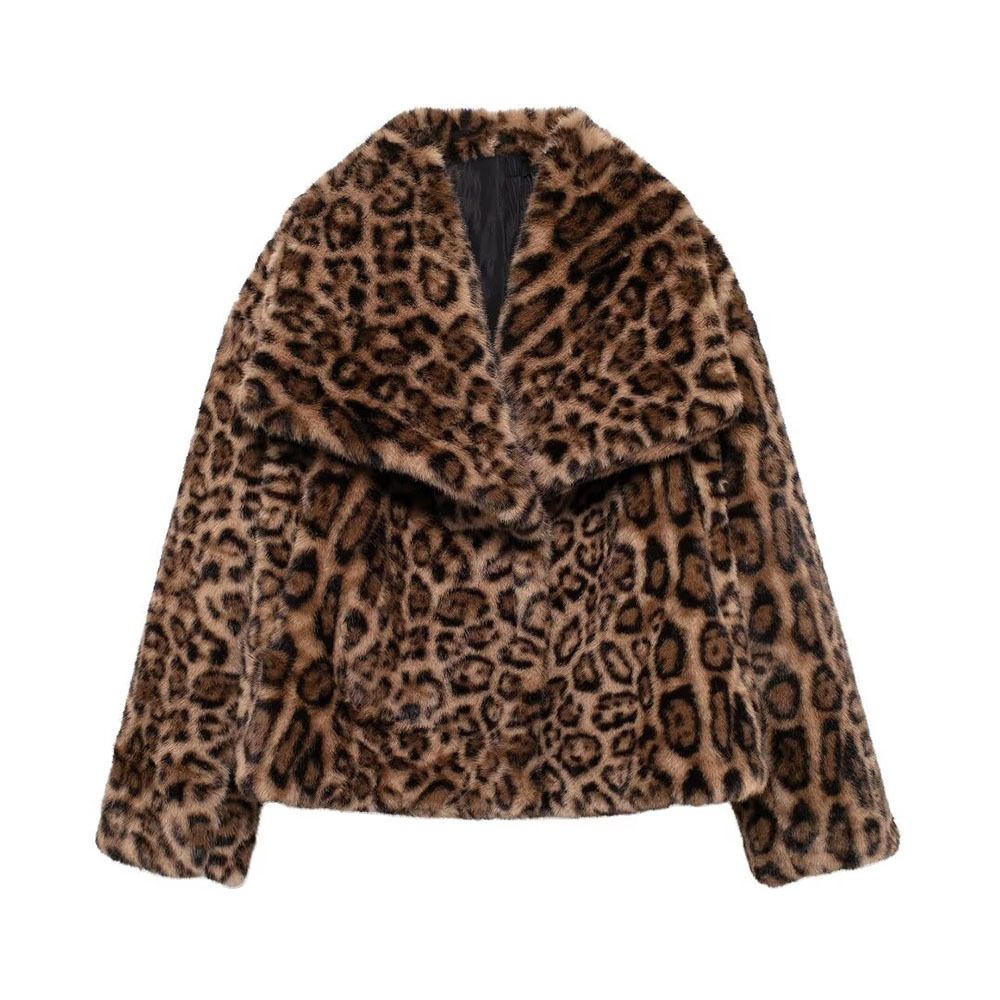 Leopard Print Faux Fur Coat – Winter Cropped Jacket With Spandex Blend (XS/S/M/L)_ecoleips.com