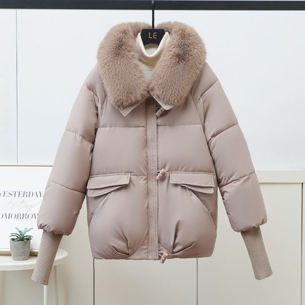 Women's Short Down Jacket With Detachable Faux Fur Collar - Winter Warm Thickened Coat For Plus Size - Casual Outerwear With 3D Embroidery_ecoleips.com